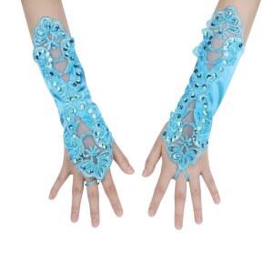 레이스 플로럴 글러브 손가락 없는 신부용 장갑과 세퀸 여성 얼룩 핸드웨어 웨딩 프롬 파티 빈티지 장갑 연한 파란색
