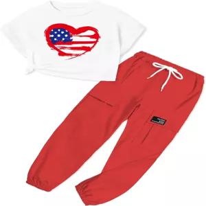 아트마인 걸스 투피스 캐주얼 드로스트링 조거 팬츠와 루즈 크롭 탑 세트 6-14년