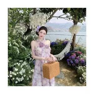 에네로 여성쉬폰원피스 아일렛 핸드메이드 로즈 홀터 원피스 프린트 바캉스 UNO1