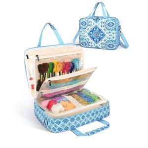 탈부착 가능한 텔로스펀 공예 가위 있는 멀티 바인더가 용품 가방 바늘 블루 TOTE 정리함 재봉 위한 대용량 포함된 토트 보관 포켓이 플로럴