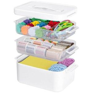 정리함 공예품 있는 바느질 3단 미술 플라스틱 도구 보관함 휴대용 TERGO 보관함 탈부착 트레이가 정리를 구슬 용품 손잡이가 가능한 위한