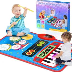2-in-1 뮤지컬 매트 장난감 1 2 3 4 5세 피아노 건반 및 드럼 세트 2개 조기 교육용 학습 생일 소년 소녀