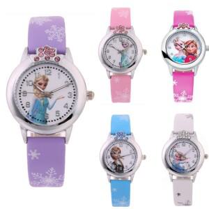 겨울왕국 시계 소녀 엘사 공주 어린이 가죽 스트랩 귀여운 만화 선물