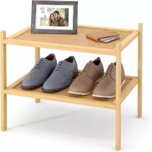 스미리 대나무 작은 신발장 현관 및 옷장용 2단 신발 정리함 가방 식물을 위한 쌓을 수 있는 무료 스탠딩