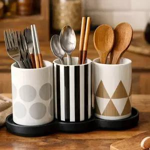 꾸밈 시크릿 도자기 수저통 3P 모던스타일 3구 수저꽂이