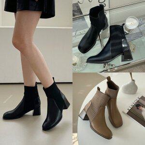 [민토]여성 스퀘어 스판 첼시 골지 니트 미들힐 부츠 삭스 숏 앵클부츠 6cm