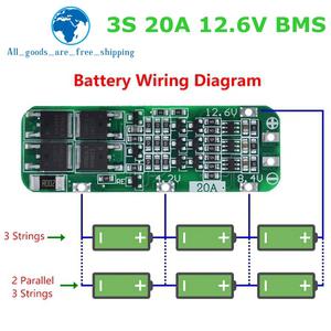 3S 20A 리튬 이온 배터리 18650 충전기 PCB BMS 보호 보드 드릴 모터 12.6V 리포 셀 모듈 64x20x3.4mm