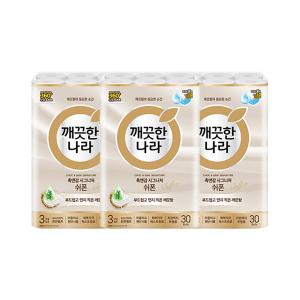 깨끗한나라 천연펄프 3겹 촉앤감 시그니처 쉬폰, 27m, 30롤, 3개