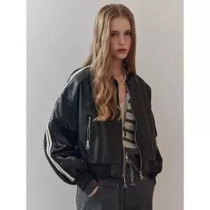 [마쟈]사이드 라인 페이크 레더 배색 블루종 점퍼_P411859291