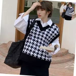 봄 가을 여성 하운드 체크 포인트 브이넥 조끼 베스트