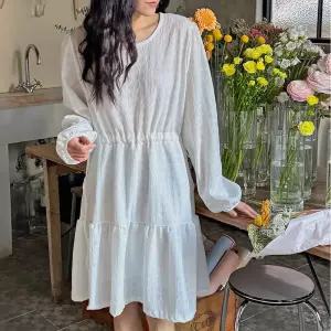 엠보 캉캉 셔링 미니원피스 허리스트링 라운드넥 여성 빅사이즈