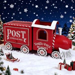 Z 벨라데코 크리스마스 메탈 기차 장식 상자 선물, 편지, 사탕, 가정용 장식품, 테이블탑, 맨텔을 보관할 수 있는 산타 우체통 북극 빨간 편지함
