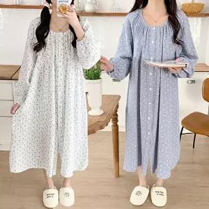 [유야]여성 면 플라워 단추 긴팔 원피스잠옷 SHO0040 봄 가을