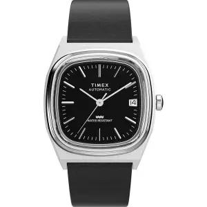 Timex Automatic 1983 E 라인 시계 블랙 가죽 밴드 블랙 다이얼 34mm TW2Y07500, 블랙., 드레스