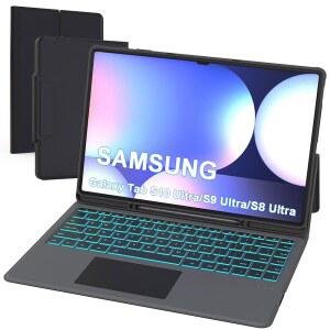 14.6인치 삼성 갤럭시 탭 S9 울트라 / S8 S10 키보드 케이스 - 터치패드가 있는 폴리오 태블릿 북 커버 S 펜 홀더 및 트랙패드 블랙이 7가지 색상의 백라이트