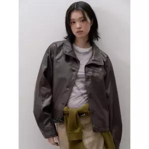 8 seconds 버튼업 하이넥 페이크 레더 블루종 아우터 - 브라운