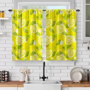 창문용 제케노 레몬 주방 커튼 세트 노란색 슬라이스와 잎이 달린 짧은 카페 장식 식당 욕실용 티어 막대