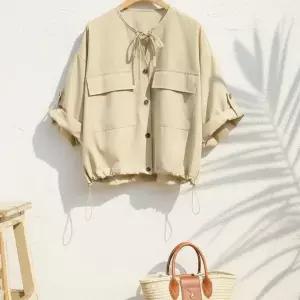 |CDH42A0|여성 노카라 타이넥 주머니 롤업 폴리 셔츠