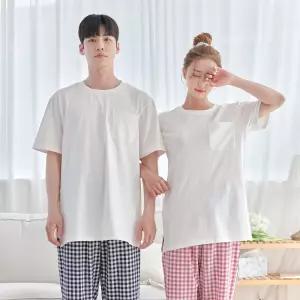 안파 커플 잠옷 파자마 홈웨어 선물 집들이 수면 신혼부부 체크 면 반팔 티셔츠 디즈니 푸우 세트 ANPA23