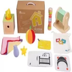 아데나 몬테소리 0-6개월 아기 놀이 키트 8 in 1 학습 키트에는 흑백 카드 레인메이크 래틀 센서리 볼 터미