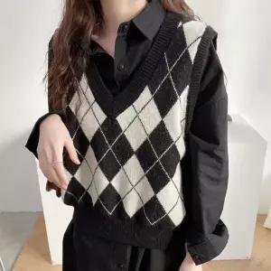 아가일패턴 조끼 베스트 레이어드 신축성 브이넥 fsO9+4XNz