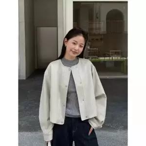 여성 봄 재킷 PU라이크 라운드 고급세련핏 가죽 떨어지는 레더 시크하게 코트 셔링 인기1