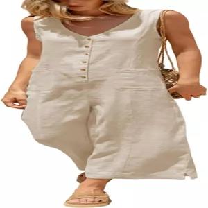 여코우 여성 버튼 다운 점프슈트 코튼 린넨 민소매 캐주얼 와이드 레그 롬퍼 전체 포켓 포함