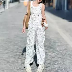 여성 여름 퍼플 플라워 패턴 와이드 점프슈트 37000730)