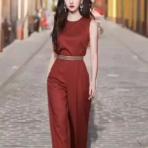 여성 여름 슬림 민소매 레드 와이드 점프 슈트 36464654)