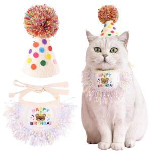 쿤예 2PCS 반려동물 생일 축하 모자 스카프 세트 강아지 공주 의상 귀여운 고양이 반다나 콘 모자와 폼폼 컬러풀 레이스 비브 칼라 장식 파티 용품 (컬러풀)