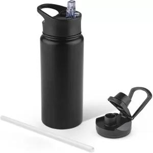 빨대 뚜껑과 넓은 입 뚜껑이 있는 VQRRCKI 24온스 단열 물병 스테인리스 스틸 스포츠 이중 벽 진공 누수