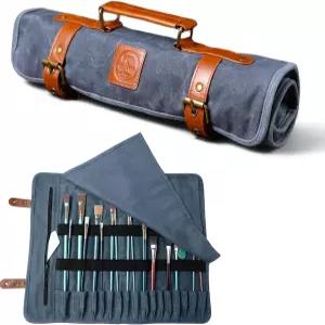Earth Fiber Co. 왁스 캔버스 가죽 페인트 브러시 홀더 - 페인팅 드로잉 및 아트 용품용 백 16 포켓