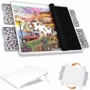 WELGEE 1500 2-in-1 틸팅 및 회전 퍼즐 보드 서랍과 커버 35인치 x27인치 휴대용 플라스틱 직소 테이블