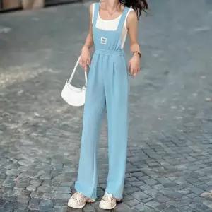 여성 여름 캐주얼 밴딩 블루 와이드 점프슈트 37000733)