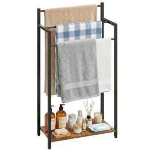 예브스 프리스탠딩 타월 랙, 욕실 거실용 러스틱 브라운 나무 선반이 있는 3단 담요 사다리 스탠드(31.5 u201DH x 16.9 u201DW 7.9 u201DD)