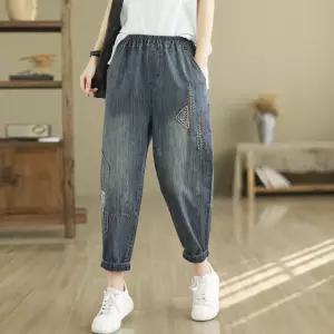 여성청바지 허리밴드 자수 청바지 봄여름 와이드 슬림 8부 배기 데님 팬츠 심쿵직구