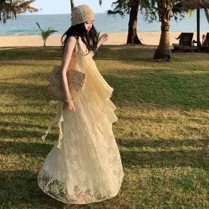 미에스틸로 여사친 스커트 롱 쉬폰 시폰 자수 나시 브이넥 레이스 해변 바캉스 포토 ADOR1