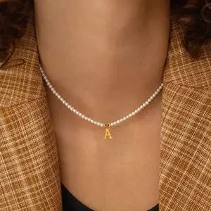 스테인레스 스틸 문자 초기 펜던트 목걸이 diy 이름 여성을위한 시뮬레이션 진주 구슬 여성의 초커 쥬얼리