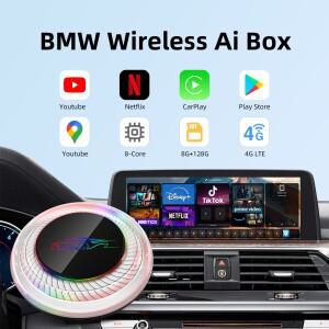 무선 카플레이 시스템을 갖춘 BMW 또는 기타 차량용 무선 AI 박스, 8GB RAM, 128GB ROM, 듀얼 WiFi, 4G SIM