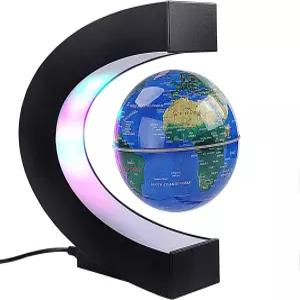 컬러 LED 조명이 있는 플로팅 글로브 C자형 중력 방지 자기부상 회전 세계 지도 선물 홈 오피스 책상 장식
