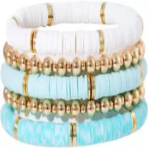 여성 보헤미안 스태커블 골드 도금 비즈 여성용 구지드 서퍼 헤이시 클레이 비드 팔찌 탄력 레이어링 우정