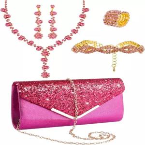 헤노이소 5개 지갑 라인스톤 주얼리 세트 프롬 클러치 목걸이 여성 신부용 귀걸이 팔찌