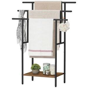 후브로 39.4인치 욕실용 독립형 타월 랙, 선반이 있는 3단 계단식 담요 오버사이즈 목욕 건조 및 디스플레이 블랙 러스틱 브라운 BF50LB01