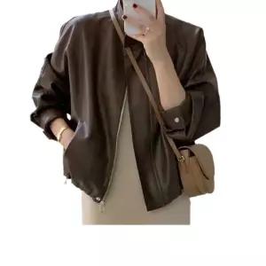 타노스여성 갈색 빈티지 야구 점퍼 데일리룩 코트 재킷 항공 라이더 패션 복 숏 집업 가죽 KUK1