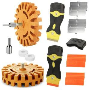 MIVIDE 4팩 데칼 리무버 지우개 휠 도구 세트, 4인치 고무 파워 드릴 자동차 접착 핀스트라이프 스티커 비닐 제거 도구, 자동차용 면도날 스크레이퍼 어댑터, RV, 보트(1팩 슬롯)