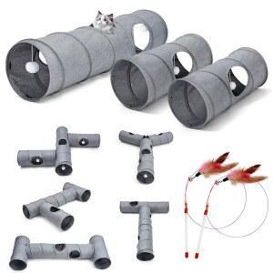 고양이 터널, 3개의 직선형 지팡이 장난감이 있는 DIY 모양 6가지, 소음 긁힘 방지 쿨 린넨 원단, 실내 고양이, 강아지, 토끼를 위한 인터랙티브 반려동물 터널 튜브