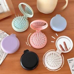 메이크업 거울과 솔리드 컬러 접는 빗 여행 휴대용 작은 마사지 여자 에어 쿠션 헤어 브러시 스타일링 도구