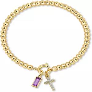 여성용 코로토 크로스 탄생석 팔찌 - 앙증맞은 엘라스틱 14K 골드 도금 구슬 트렌디 방수 무타래 생일