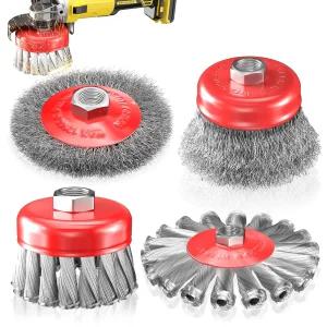 4-1/2인치 앵글 그라인더용 BURMONG 4 PCS 와이어 휠 브러시 탄소강 매듭 및 압착 컵/휠 브러시(3인치