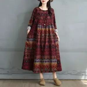 픽토 라운드 프린트 면마 빅사이즈 긴팔 플로럴 A라인 슬림핏 치마 원피스 여사친 빈티지 젠1